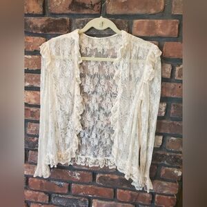 Sheer Lace Ruffle Open-Front Cardigan - Cream
